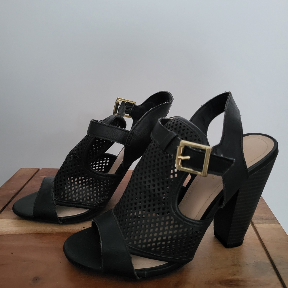BAMBOO Black Heeled Sandals with Gold Buckle